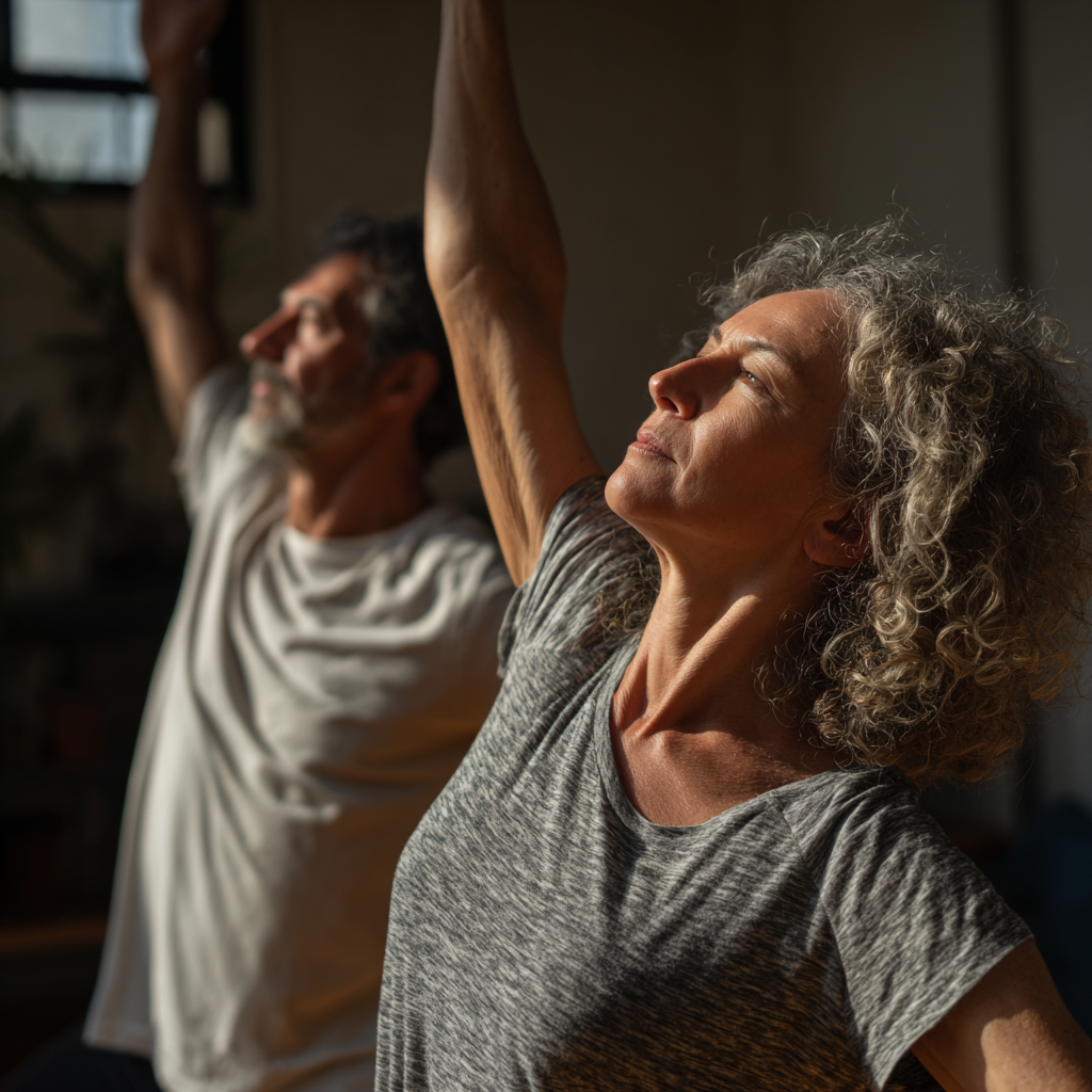Middle-aged adults doing gentle stretching exercises in natural light