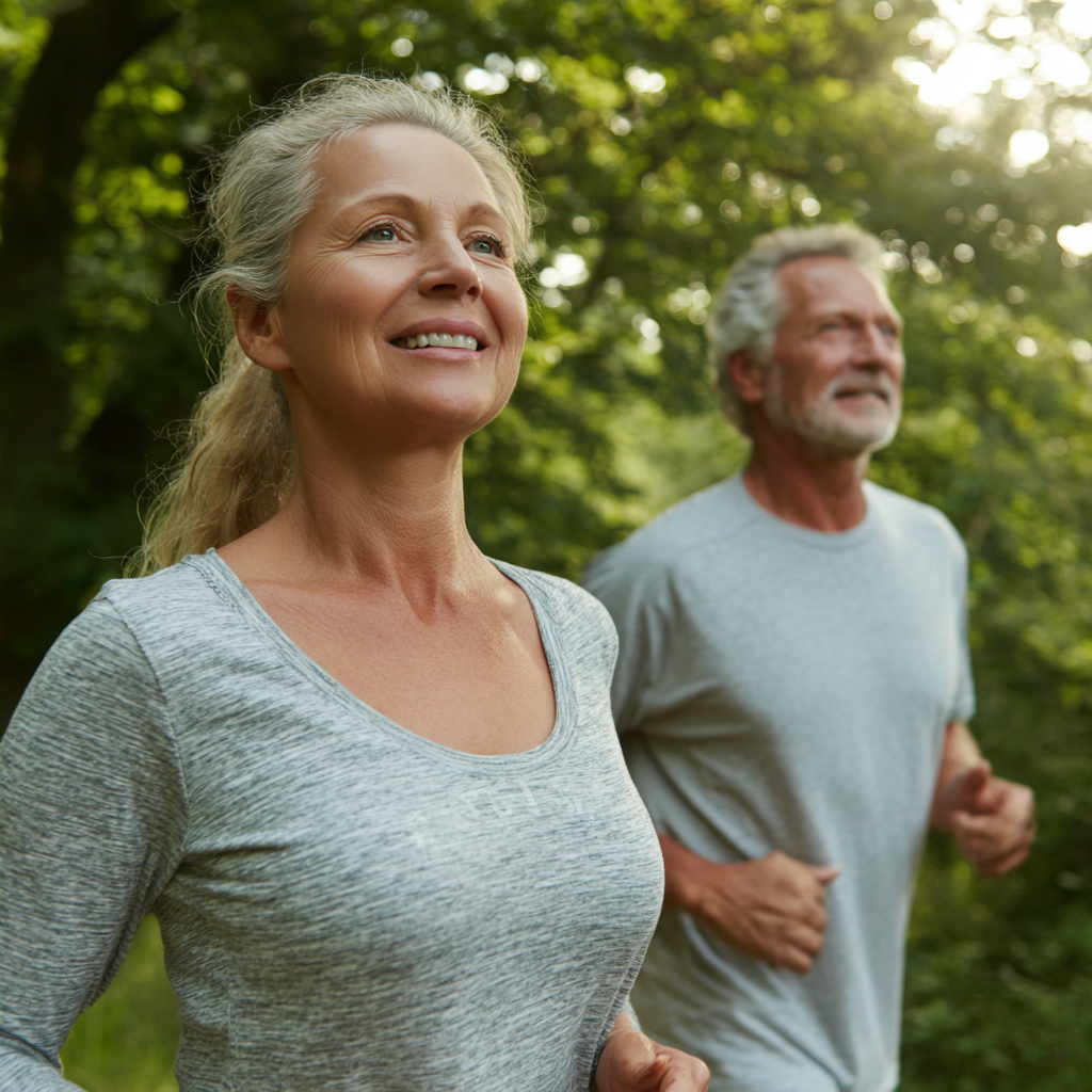 Middle-aged adults enjoying gentle exercise outdoors in natural setting